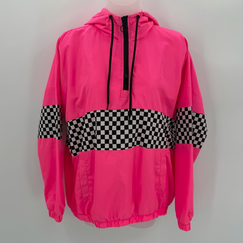 Orange Kiss Windbreaker Womens M Hot Pink Pullover Retro Checkerboard Hoodie Top - Picture 1 of 10